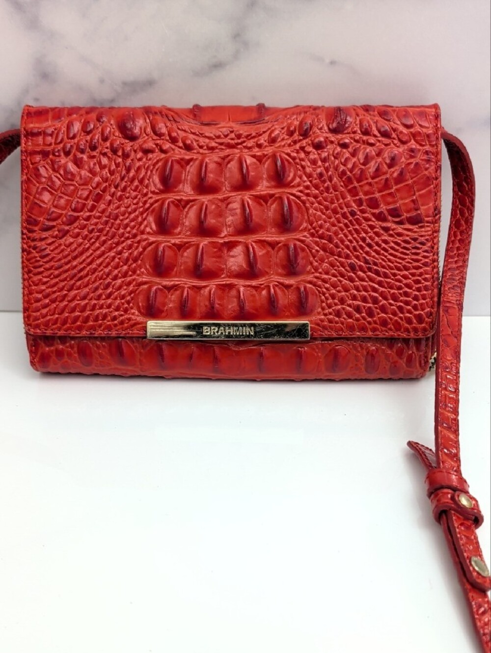 Brahmin Orange Croc-Embossed Crossbody Wallet with Gold Bar